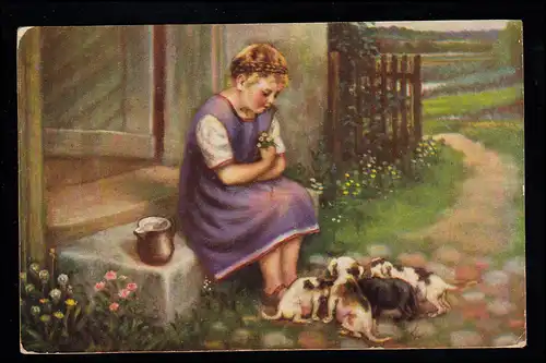 Kinder-AK  Fütterungszeit - Das Mädchen und ihre Hundewelpen, WIEN 19.7.1926