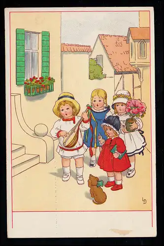 Kinder-AK Das Geburtstagsständchen mit Mädchenchor und Mandoline, NEUSALZA 1919