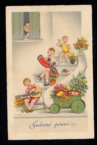 AK pour enfants La table d'anniversaire avec Triangel Harmonika Mandoline, 24.3.1941