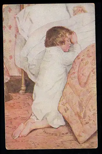 USA Kinder-AK Das Abendgebet - Kind kniet vor dem Bett, ungebraucht