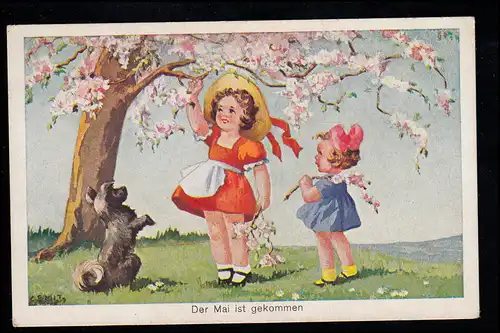 Enfants-AK Le mai est venu - fille sous l'arbre fleurissant, inutile