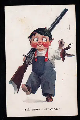 AK pour les enfants Pour mon amour ' - garçon avec fusil et oiseau mort, VIENNE 1913
