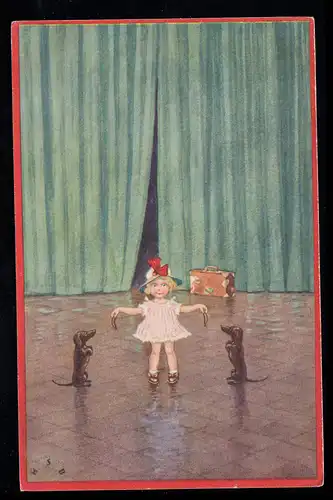 Kinder-AK Ihr erster Bühnenauftritt mit zwei Hunden, gelaufen um 1920