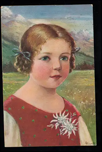 Enfants-AK Frank: portrait de fille avec Edelweiss devant le paysage montagneux, 18.6.1929