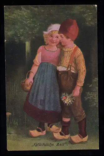 Kinder-AK Glückliche Zeit - Mädchen und Junge am Waldesrand, ungebraucht
