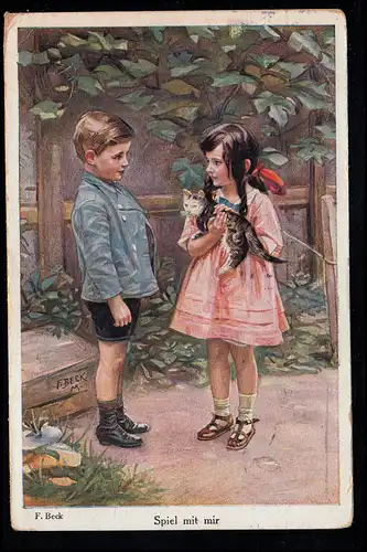 Kinder-AK F. Beck: Spiel mit mir! Mädchen Katze Junge im Garten, GRAZ 29.12.1921