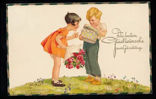 Kinder-AK Geburtstag: Die Neugierige und ihr Geschenk, PLAUEN (VOGTLAND) 11.1.30