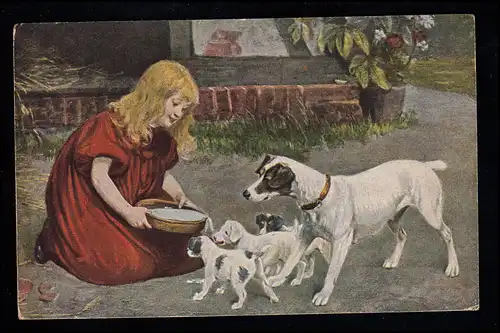 Kinder-AK Schulze Blank: Hungrige Gesellschaft - Mädchen füttert Hunde SCHLOTTEN