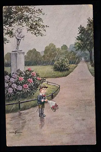 Kinder-AK Ad. Hoffmann: Versetzt! Junge mit Blumen am Treffpunkt, Feldpost 1918