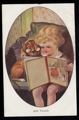 Enfants AK Bon amis - Chien avec lunettes et enfant en lecture, 6.7.21 après Meißen