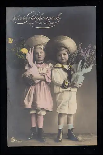 Kinder-AK Geburtstag: Mädchen und Junge mit Hut und Blumentopf MÜNCHEN 6.11.1908