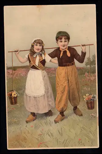 AK pour enfants Un couple heureux - Fille et garçon avec barre porteuse, STENDAL 1907