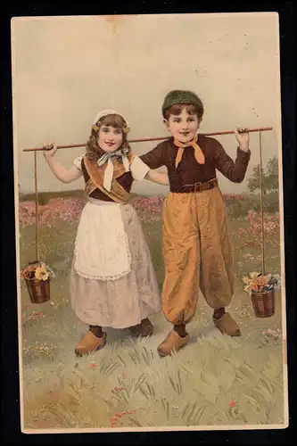 Kinder-AK Ein glückliches Paar - Mädchen und Junge mit Tragstange, STENDAL 1907