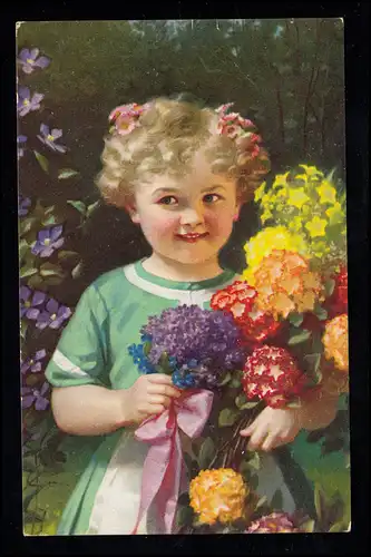Kinder-AK Lächelndes Mädchen im grünen Kleid mit vielen Blumen, ungebraucht
