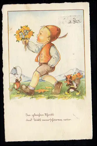 Kinder-AK Singender Junge mit Maikäfer und Biene beim Wandern, WIEN 23.9.1939