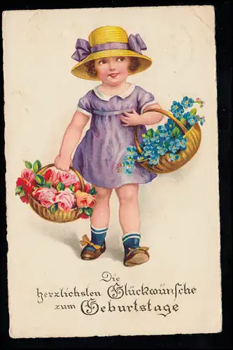 AK pour enfants Anniversaire: Fille avec paniers de fleurs, HALLE/SAALE 23.1.1931
