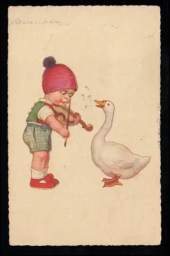 Kinder-AK Junge spielt Geige zur singenden Gans, SALOTARJAN 8.5.1926