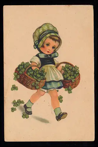 Kinder-AK Mädchen mit Körben voller Glücksklee, Feldpost 05751 - 1943