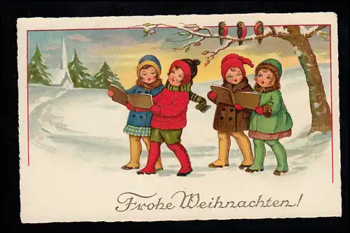 Kinder-AK Weihnachten: Mädchenchor im Wald, WESERMÜNDE-FISCHEREIHAFEN 24.12.1930