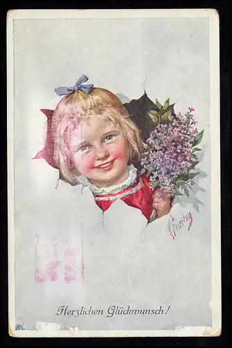Enfants-AK fête: Fille souriante avec bouquet de violette, censure Vienne 31.10.16