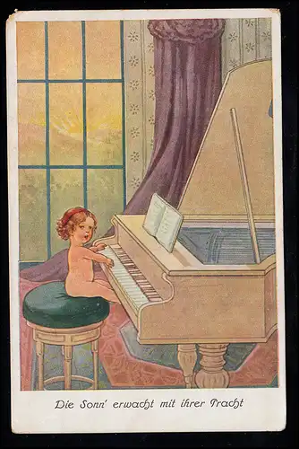 Kinder-AK Klavierspielen - Die Sonn' erwacht mit ihrer Pracht, TEMESVAR 7.1.1919
