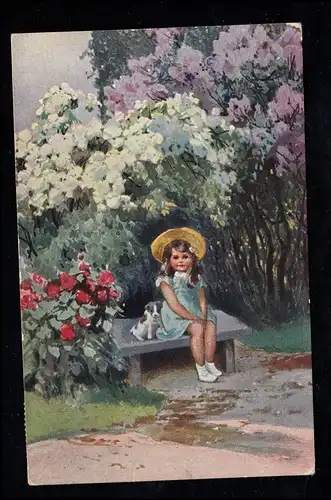 Enfants AK fille avec chapeau et chien sur le banc de stationnement, GRAZ 31.8.1911