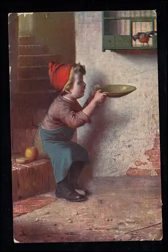 Enfants-AK peintures: garçon nourrit oiseau, NÜRNBERG 13.5.1913