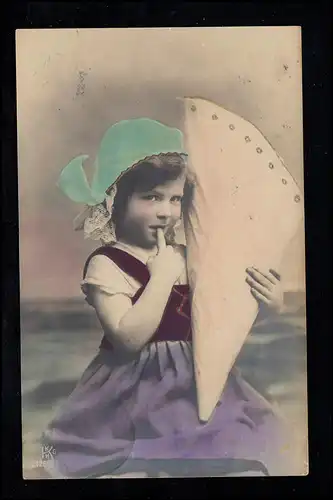 Enfants AK fille avec grand sac, photo Ak coloré, BATZEN 3.5.1908