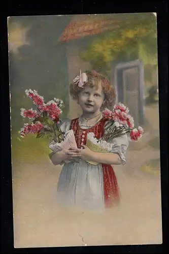 Enfants AK fille avec deux pots de fleurs florissants, inutilisé