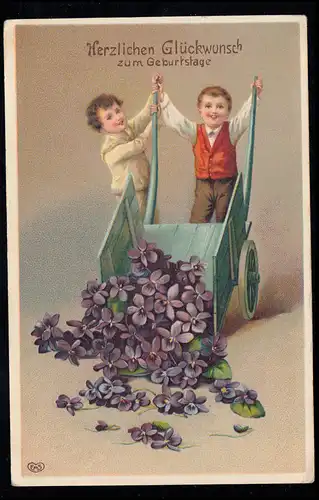 Kinder-AK Geburtstag: Schubkarre mit Veilchenblüten, BERLIN-OBERSCHÖNEWEIDE 1926