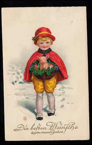 Kinder-AK Neujahr: Kind mit Glücksschwein und Glücksklee, LEER 31.12.1929