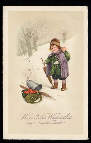 Enfants-AK Nouvel An: Filles avec porte-bonheur dans la neige, UELZEN 31.12.1928