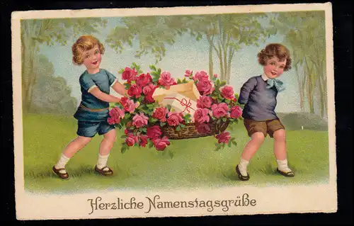 Kinder-AK Namenstag: Zwei Jungen mit Riesenkorb Blumen Geschenke, BAD TÖLZ 1936