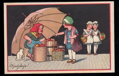 AK pour enfants Sur le stand de pommes - Fille en litige avec la vendeuse, non utilisée