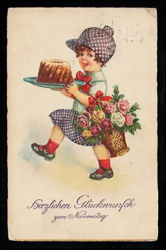 Kinder-AK Namenstag: Mädchen bringt Kuchen und Blumen, DÜREN (RHEIN) 24.11.1928