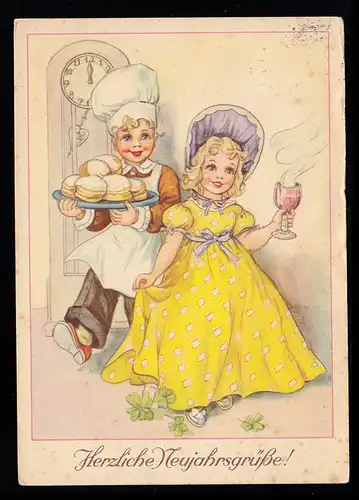Enfants-AK Nouvel An: Les filles et les garçons apportent du vin chaud et Berliner, ARNUM 1954