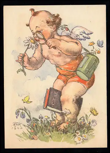 Kinder-AK M. Fischerova-Kvechova: Botanik - Engel mit Lupe, ungebraucht