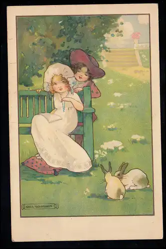 Enfants-AK Agnes Richardson: Filles et garçons dans la prairie, MUNICH 20.4.1917