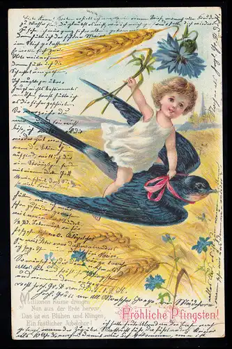 Kinder-AK Glückwünsche Pfingsten: Kind auf Schwalbe fliegend, AACHEN 29.5.1903