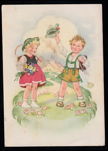 Enfants-AK Charlotte Baron - RAA: Filles et garçon en costume, WILDPOLDSRIED 1943