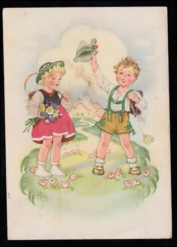 Kinder-AK Charlotte Baron - RAA: Mädchen und Junge in Tracht, WILDPOLDSRIED 1943