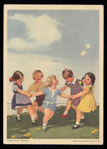 Kinder-AK W. JÜTTNER: Indanthren-Reigen, Werbe-Postkarte SSt LEIPZIG Messe 1938