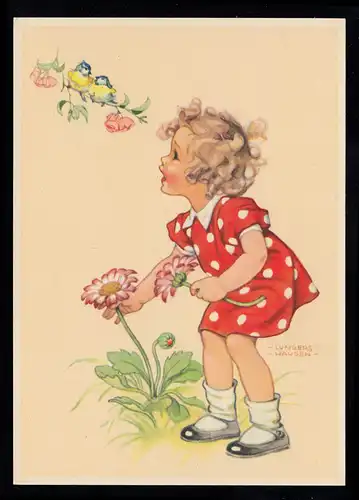 Enfants-AK Ilse Plumpershausen. Fille en robe rouge avec des fleurs, inutilisé