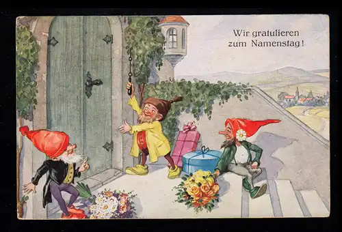 Caricature-AK Nain avec des cadeaux et des fleurs sonnent à la porte, KOBLENZ 1929