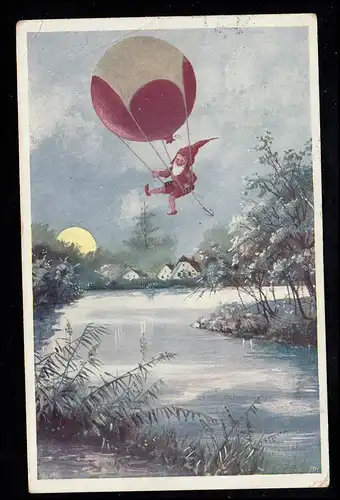 Karikatur-AK Landschaft Zwerg mit Luftballon über Fluss, MILLSTATT 10.5.1910