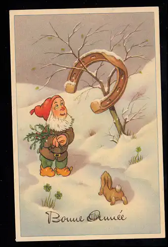 Caricature-AK Nain Fer à cheval dans l'arbre, lapin - Nouvel An Bonne annee, Belgique