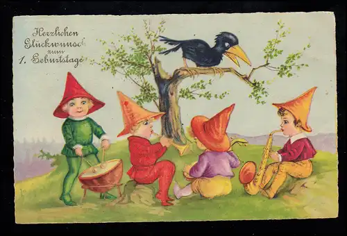 Salut d'anniversaire de dessin animé AK: Le corbeau chante les enfants faire de la musique CHEMNITZ 13.2.1929