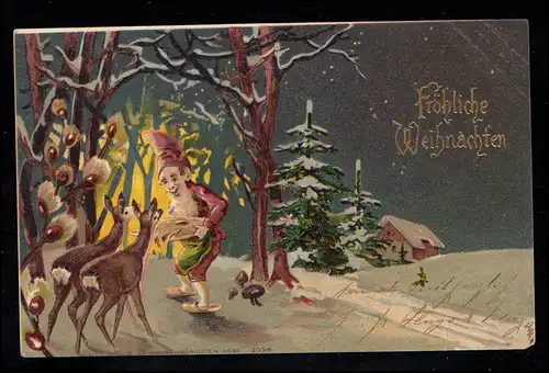 Karikatur-AK Weihnachten: Zwerg füttert Rehe, KEYENBERG 24.12.1901 nach JÜCHEN