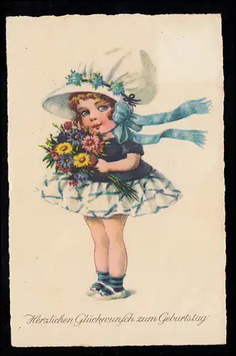 Kinder-AK Geburtstag: Mädchen mit weißem Hut und Blumen, BORDESHOLM (HOLSTEIN)