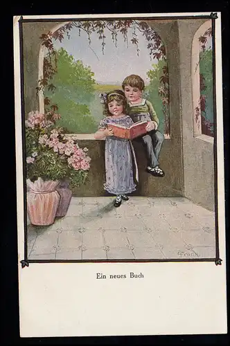 Kinder-AK Ein neues Buch - Mädchen und Junge beim Lesen, ungebraucht